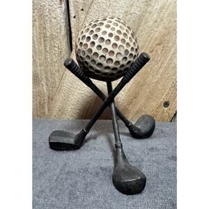 Vintage Golf Ball on Brass Tripod of Three Driver Golf Clubs Paperweight